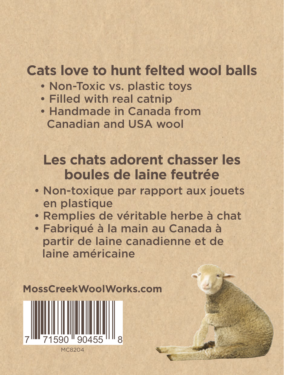 Moss Creek "Meow" Catnip Infused Wool Balls - Set of 2 in a cotton pouch