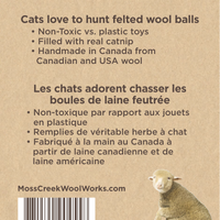 Moss Creek "Meow" Catnip Infused Wool Balls - Set of 2 in a cotton pouch